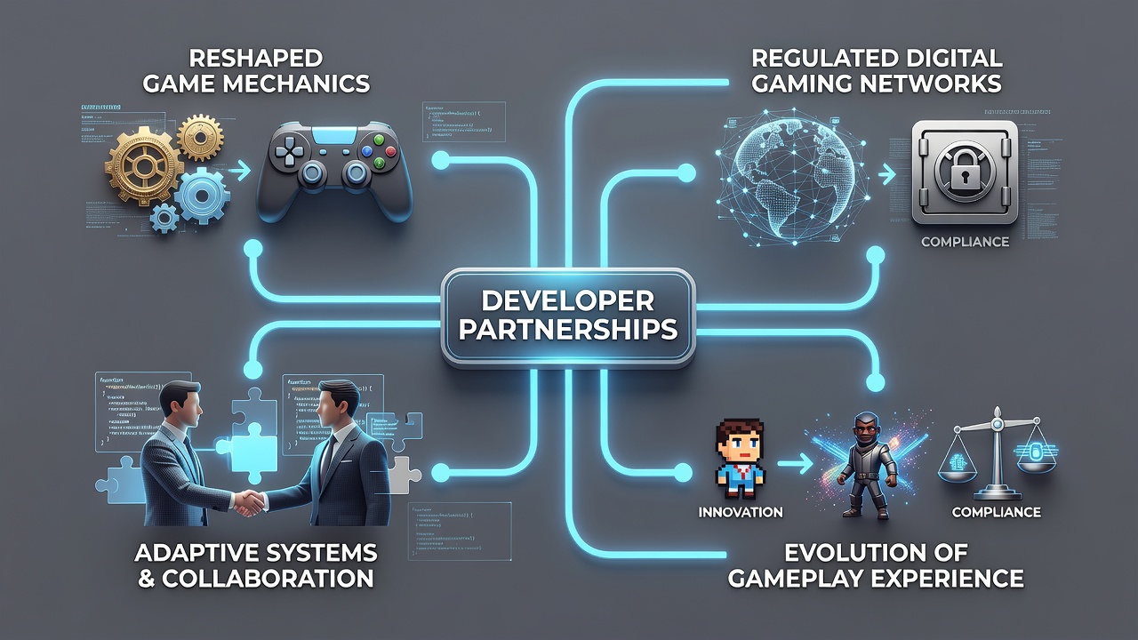 Illustration of integrated game mechanics and compliance tools in digital gaming networks