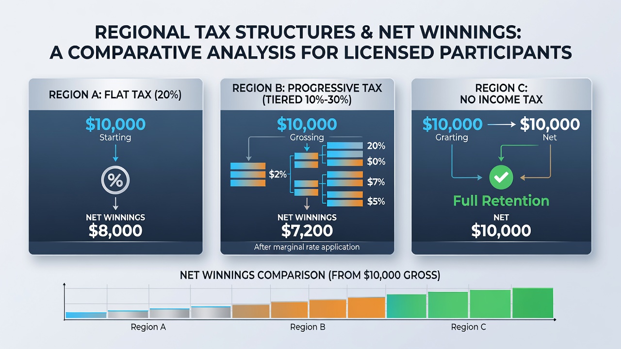 Regional tax impacts on player net winnings in licensed online gaming platforms