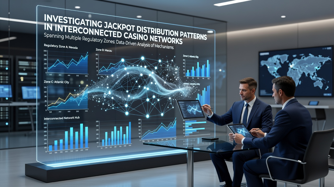 Network diagram showing interconnected casino jackpot systems across different regulatory regions with data flow indicators
