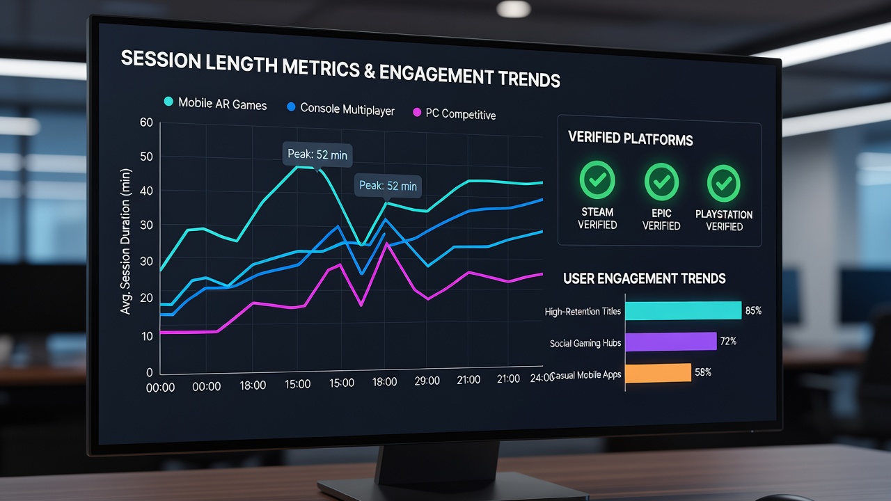 Mobile gaming session analytics screen showing real-time engagement trends and player retention graphs