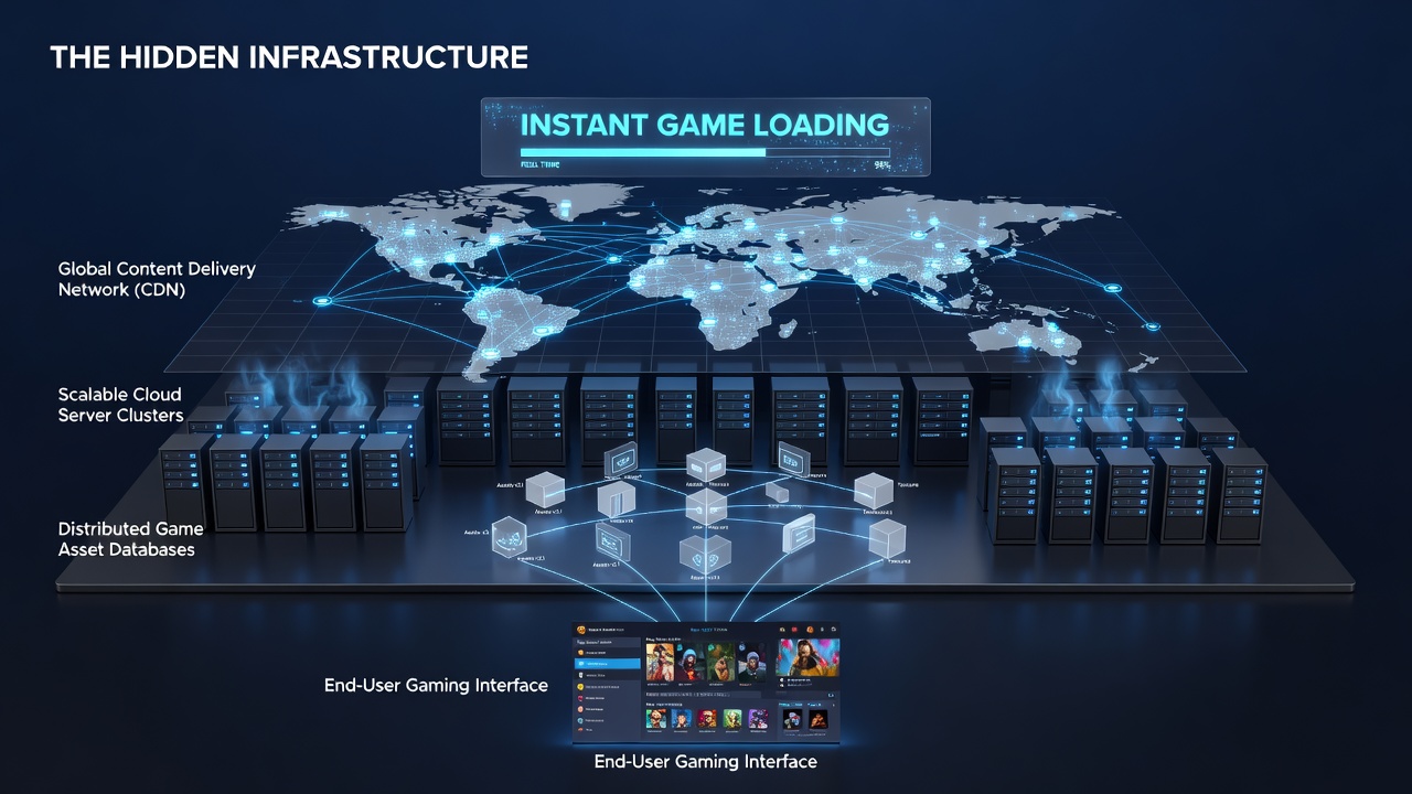 Server rack and cloud orchestration interface displaying load metrics for gaming platform infrastructure