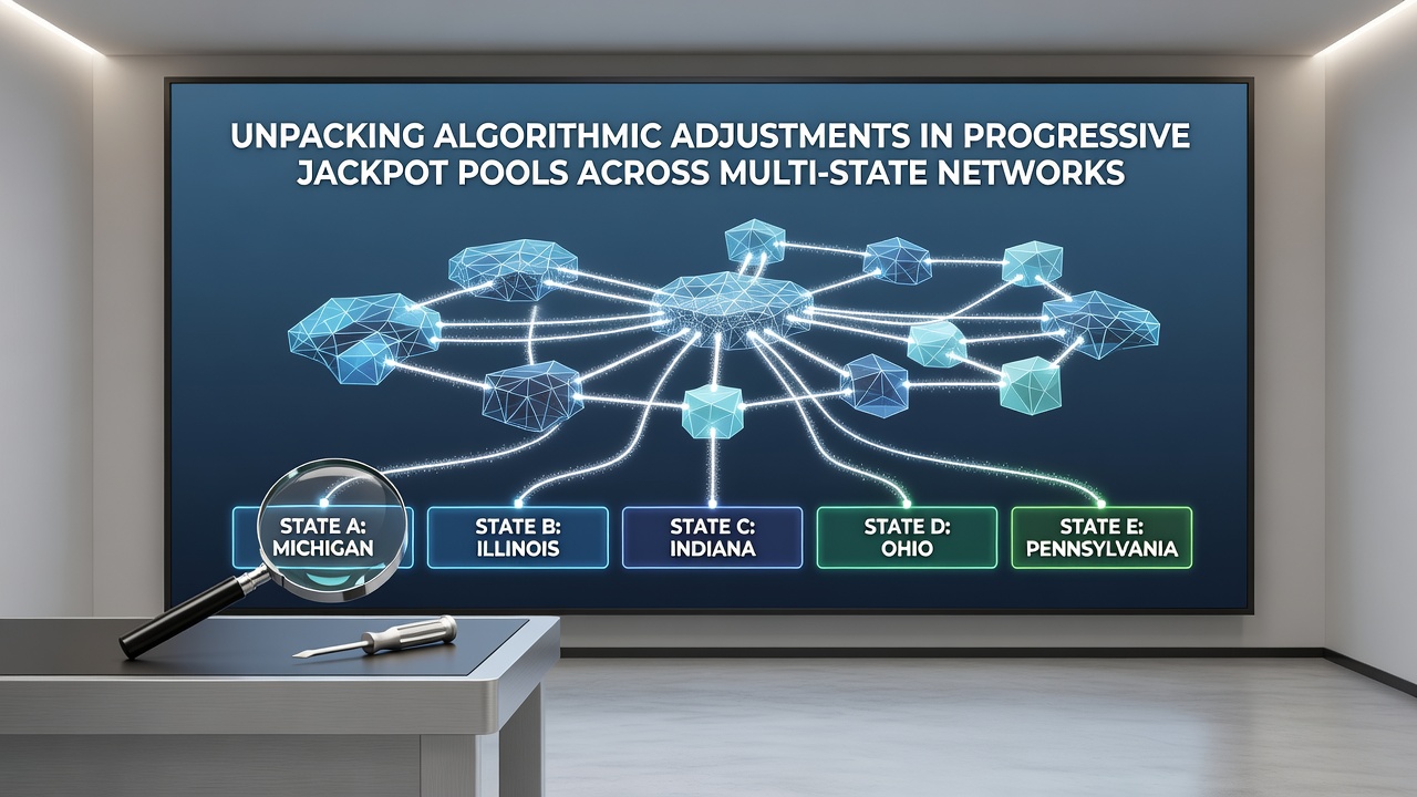 Network diagram showing state-specific regulatory nodes feeding into a central progressive jackpot algorithm