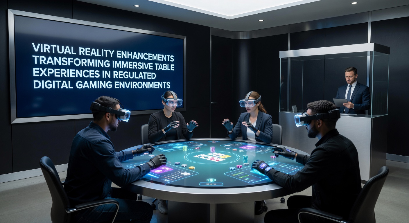 Players engaging with VR-enhanced poker tables showing spatial tracking and haptic interfaces